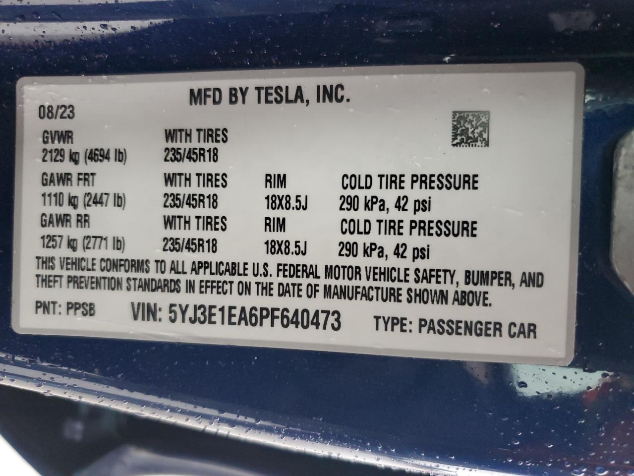 2023 TESLA MODEL 3  VIN:5YJ3E1EA6PF640473