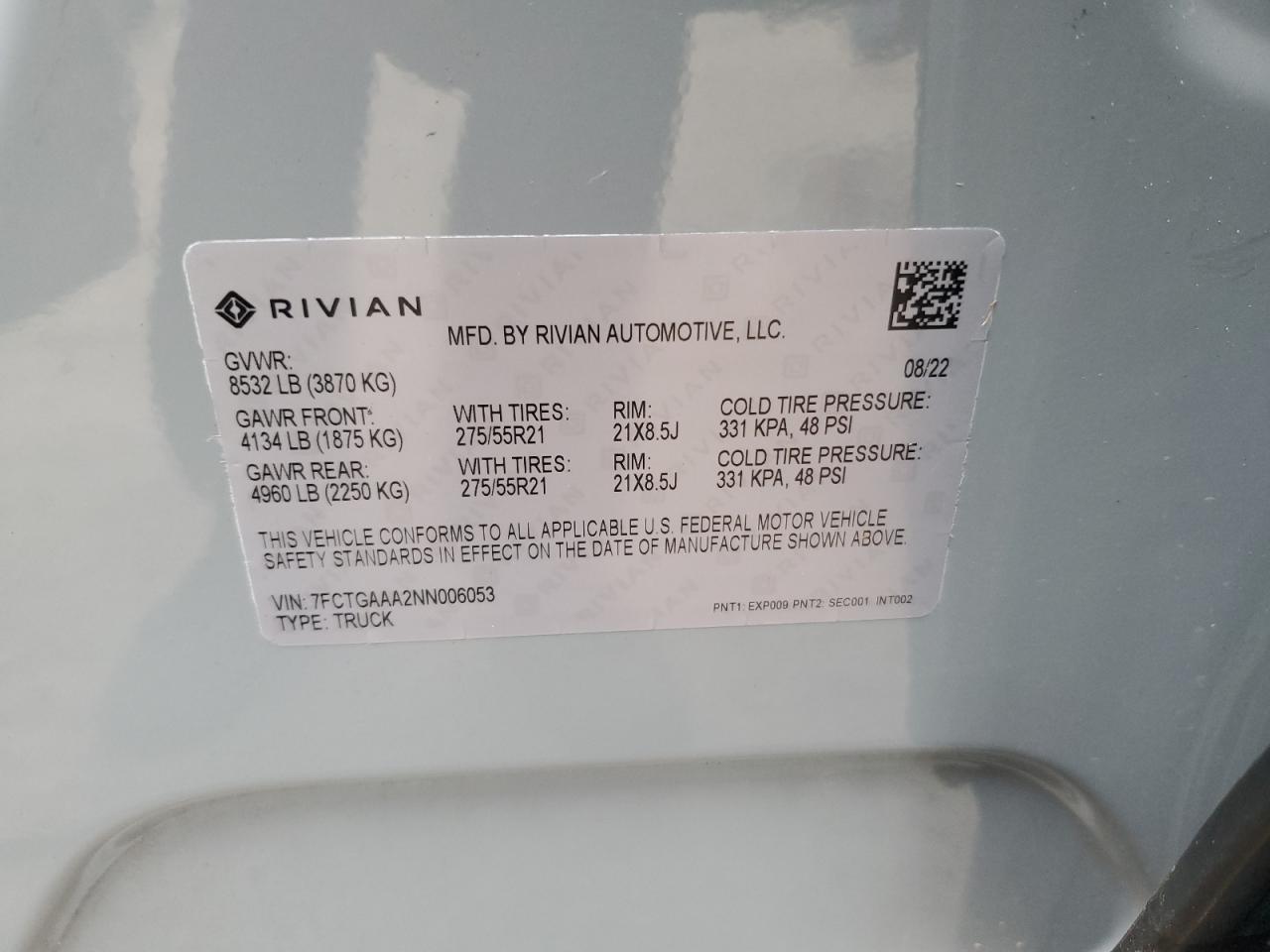 2022 RIVIAN R1T ADVENTURE VIN:7FCTGAAA2NN006053