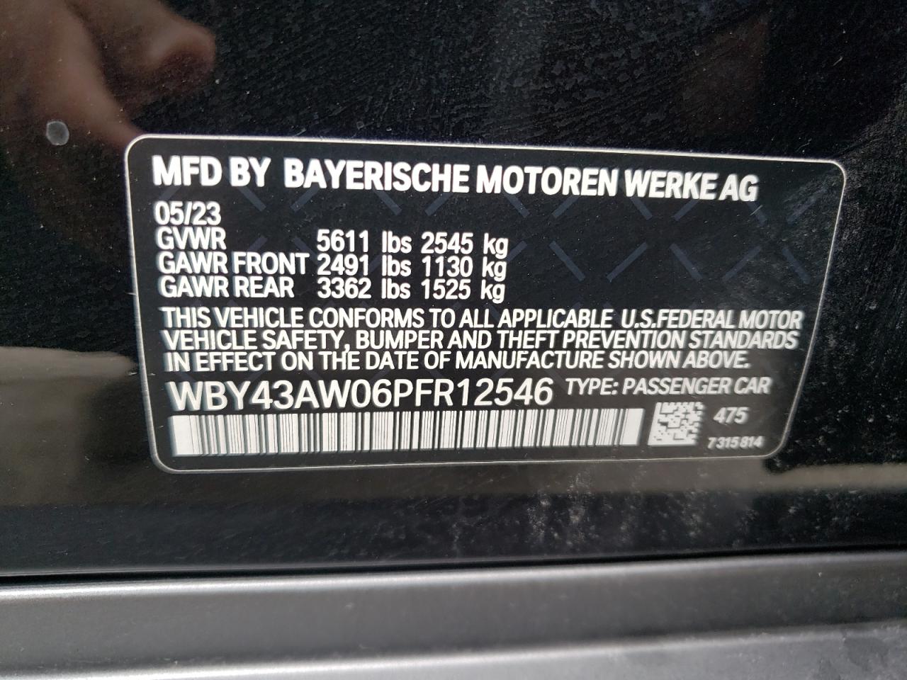 2023 BMW I4 EDRIVE 35 VIN:WBY43AW06PFR12546