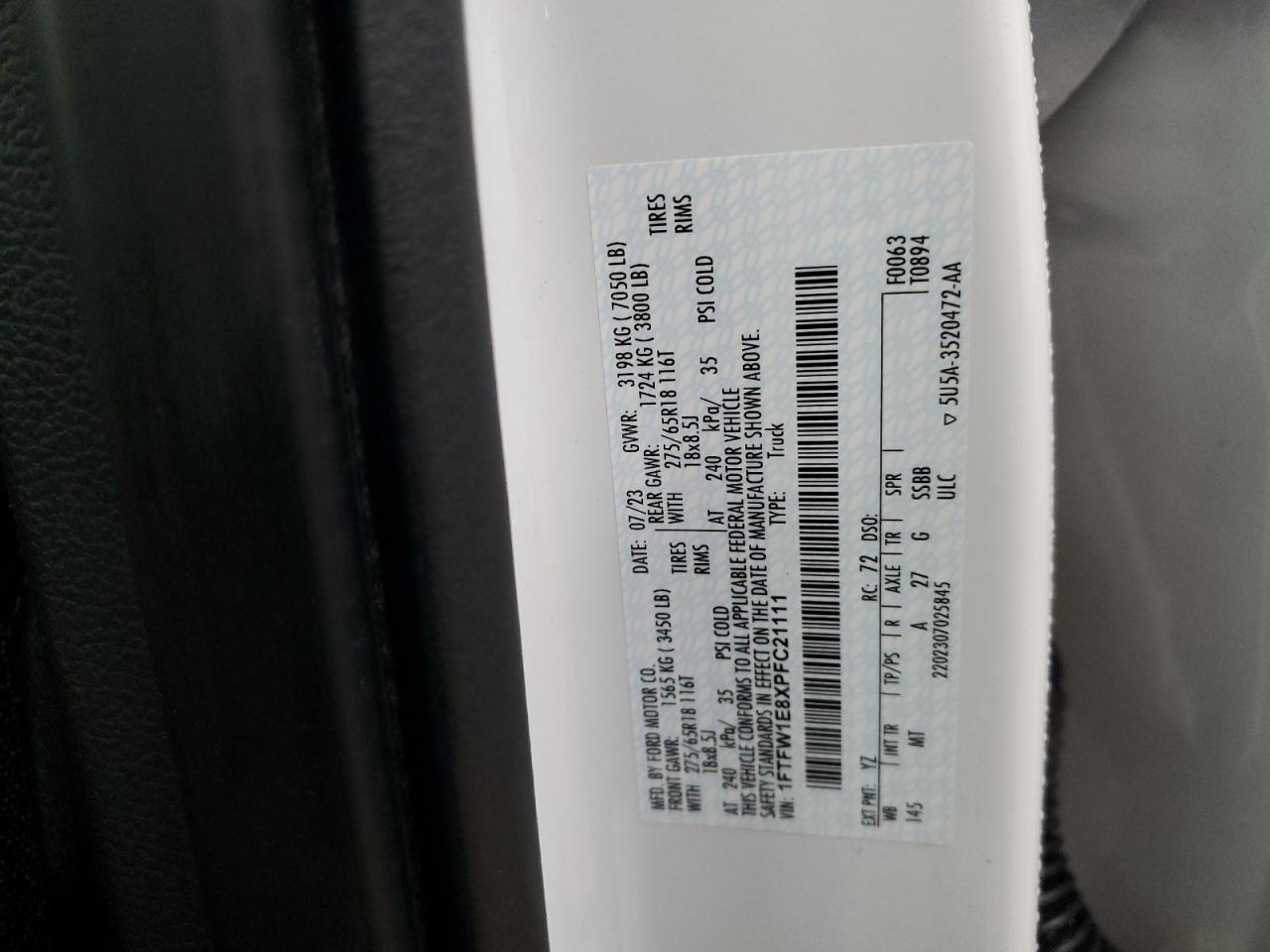 2023 FORD F150 SUPERCREW VIN:1FTFW1E8XPFC21111