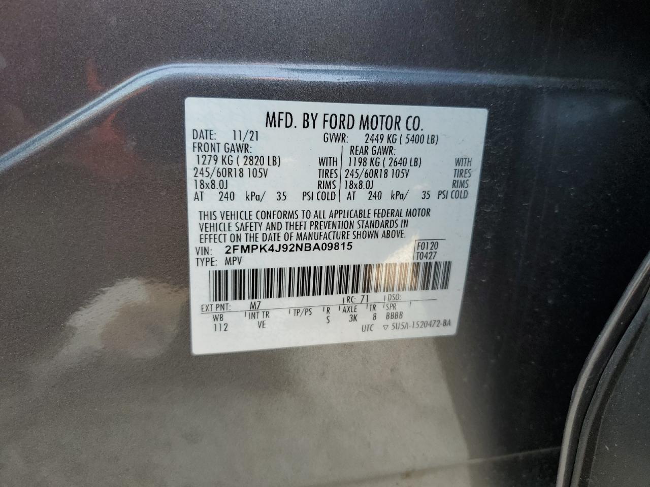 2022 FORD EDGE SEL VIN:2FMPK4J92NBA09815