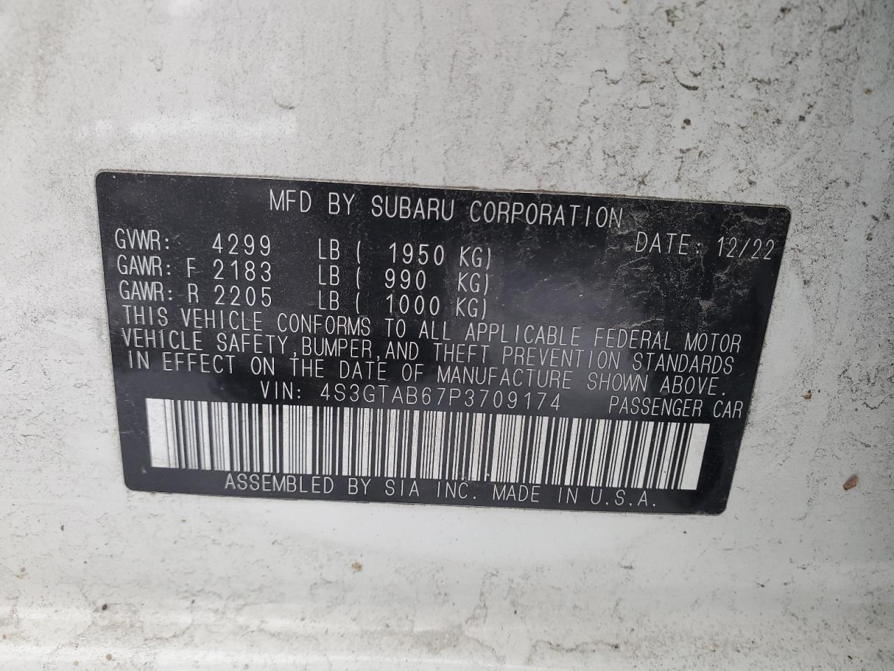 2023 SUBARU IMPREZA  VIN:4S3GTAB67P3709174