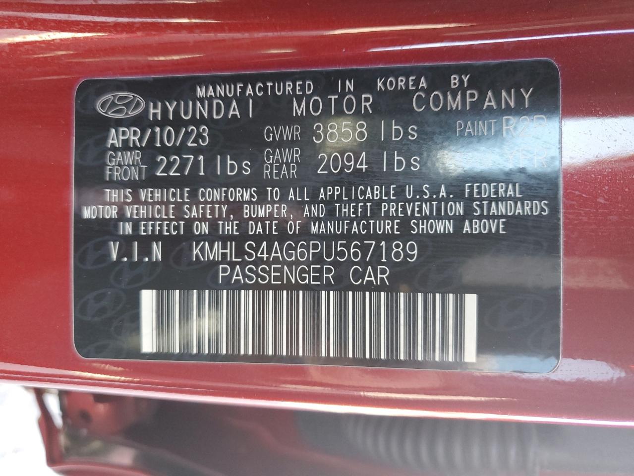 2023 HYUNDAI ELANTRA SEL VIN:KMHLS4AG6PU567189