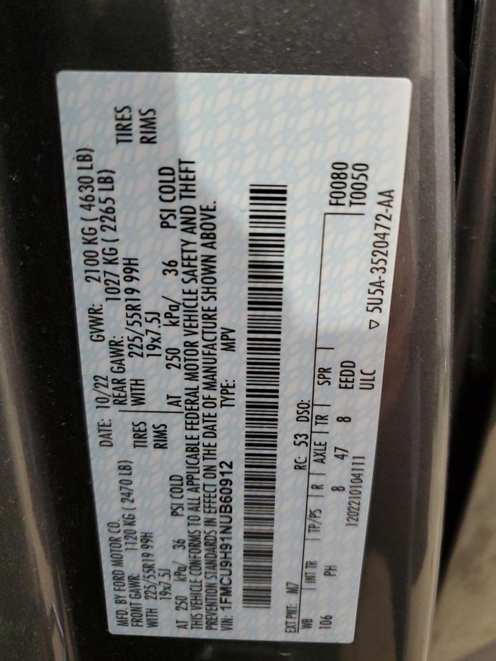 2022 FORD ESCAPE SEL VIN:1FMCU9H91NUB60912