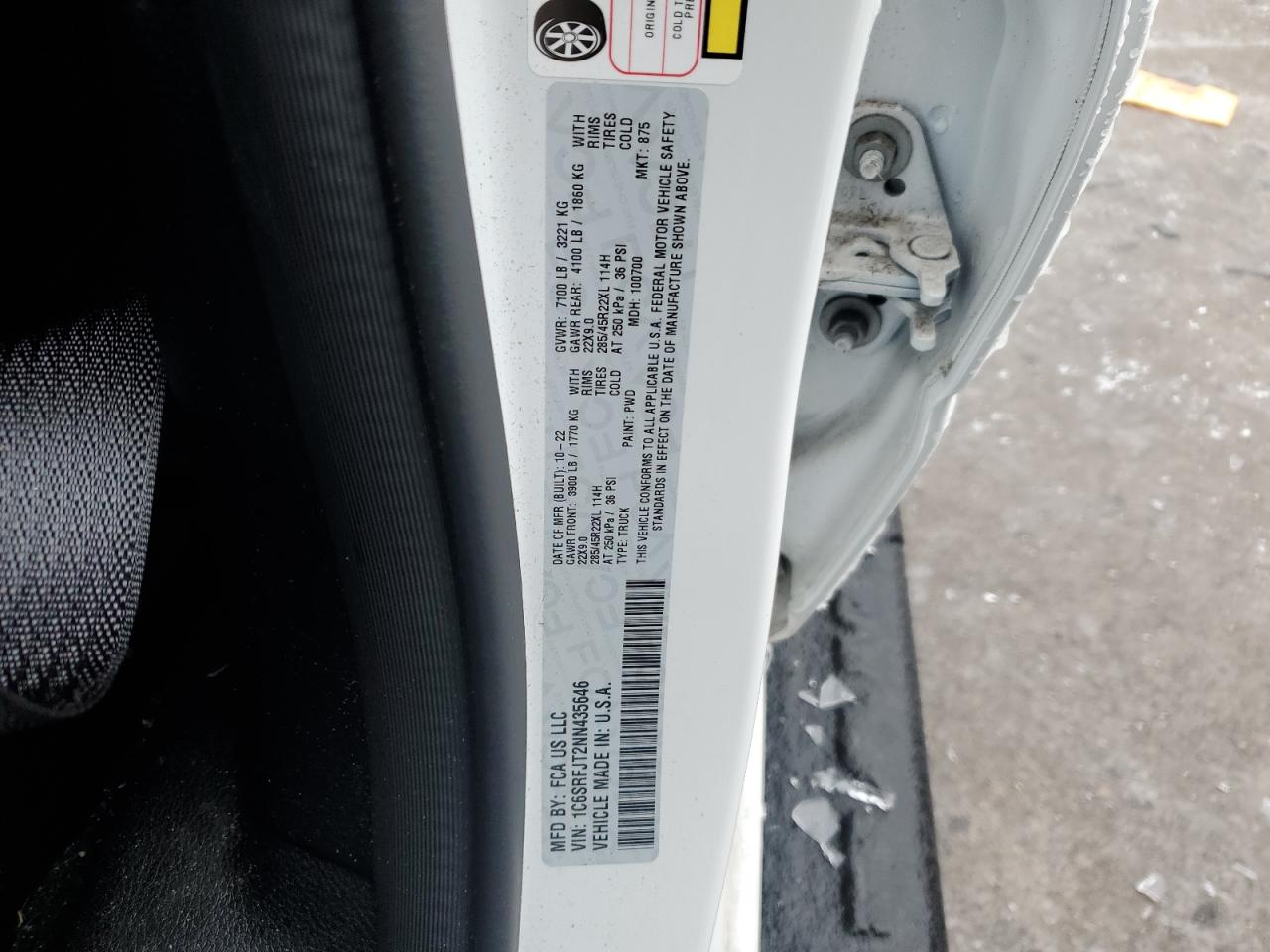 2022 RAM 1500 LARAMIE VIN:1C6SRFJT2NN435646