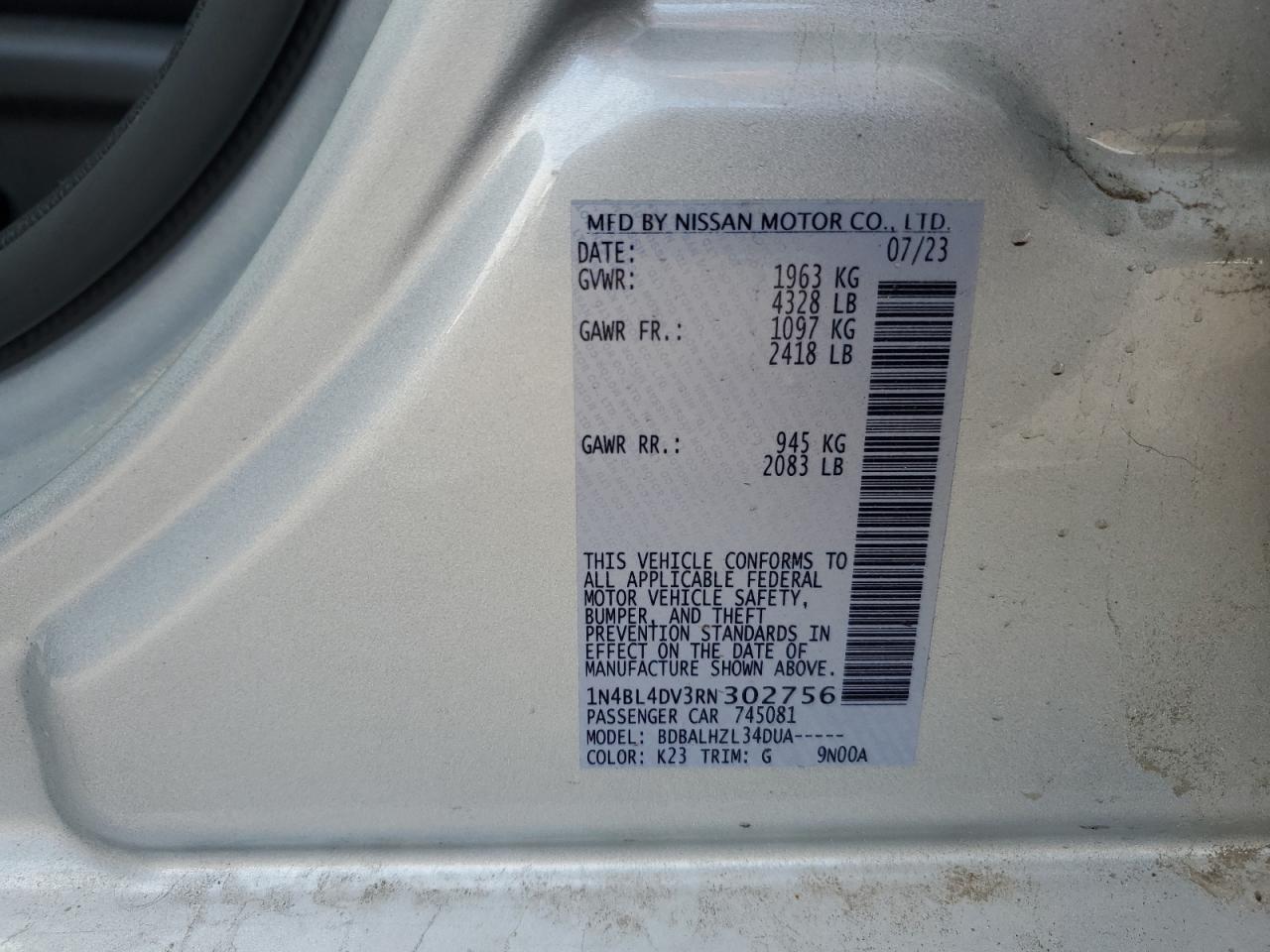 2024 NISSAN ALTIMA SV VIN:1N4BL4DV3RN302756