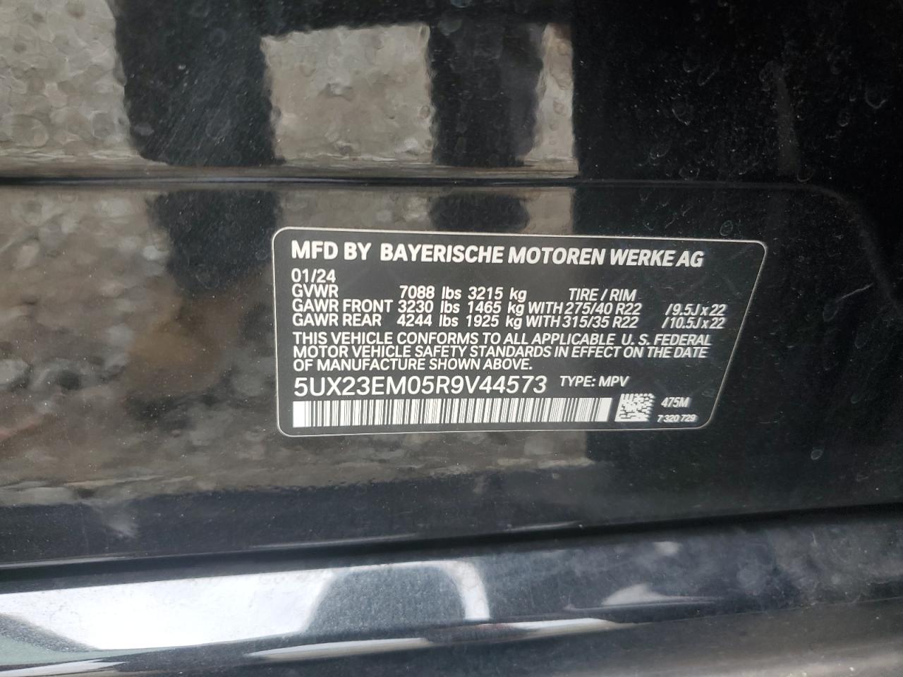 2024 BMW X7 XDRIVE40I VIN:5UX23EM05R9V44573