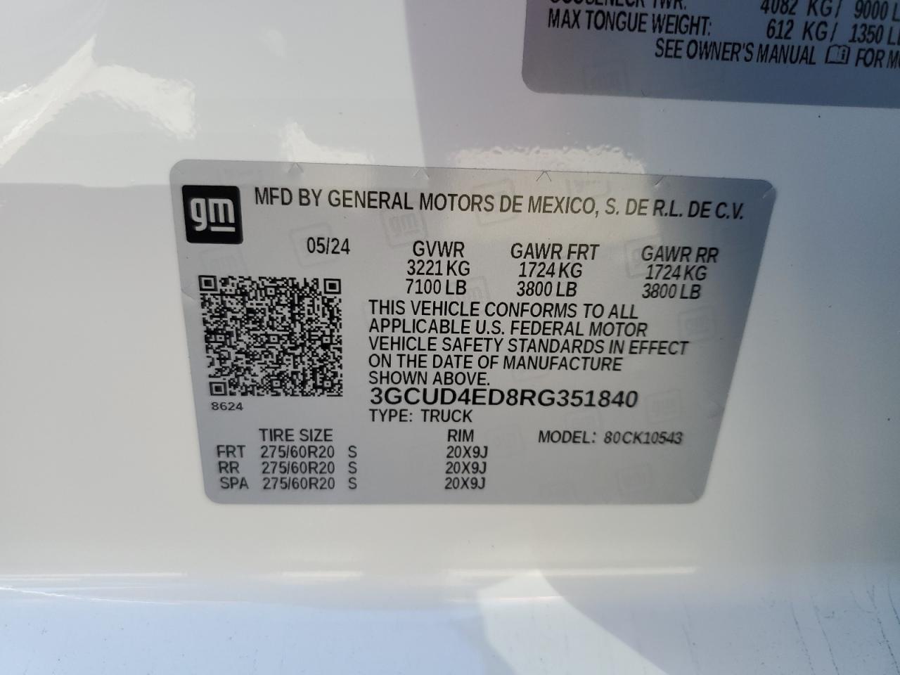 2024 CHEVROLET SILVERADO K1500 PPV VIN:3GCUD4ED8RG351840