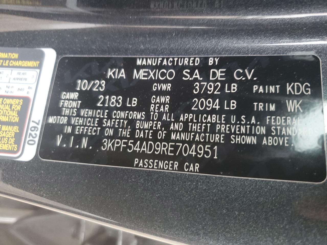 2024 KIA FORTE GT LINE VIN:3KPF54AD9RE704951