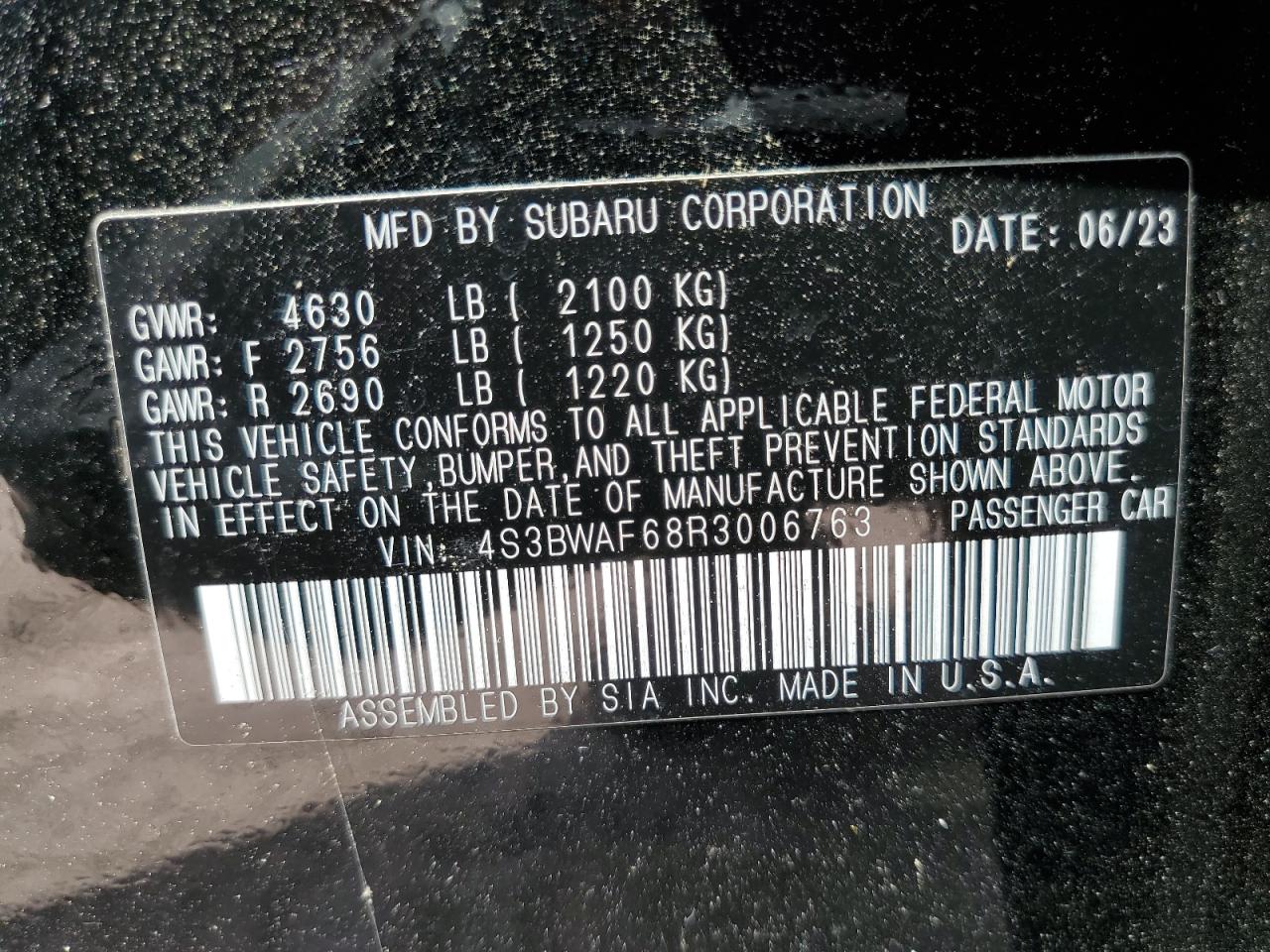 2024 SUBARU LEGACY PREMIUM VIN:4S3BWAF68R3006763