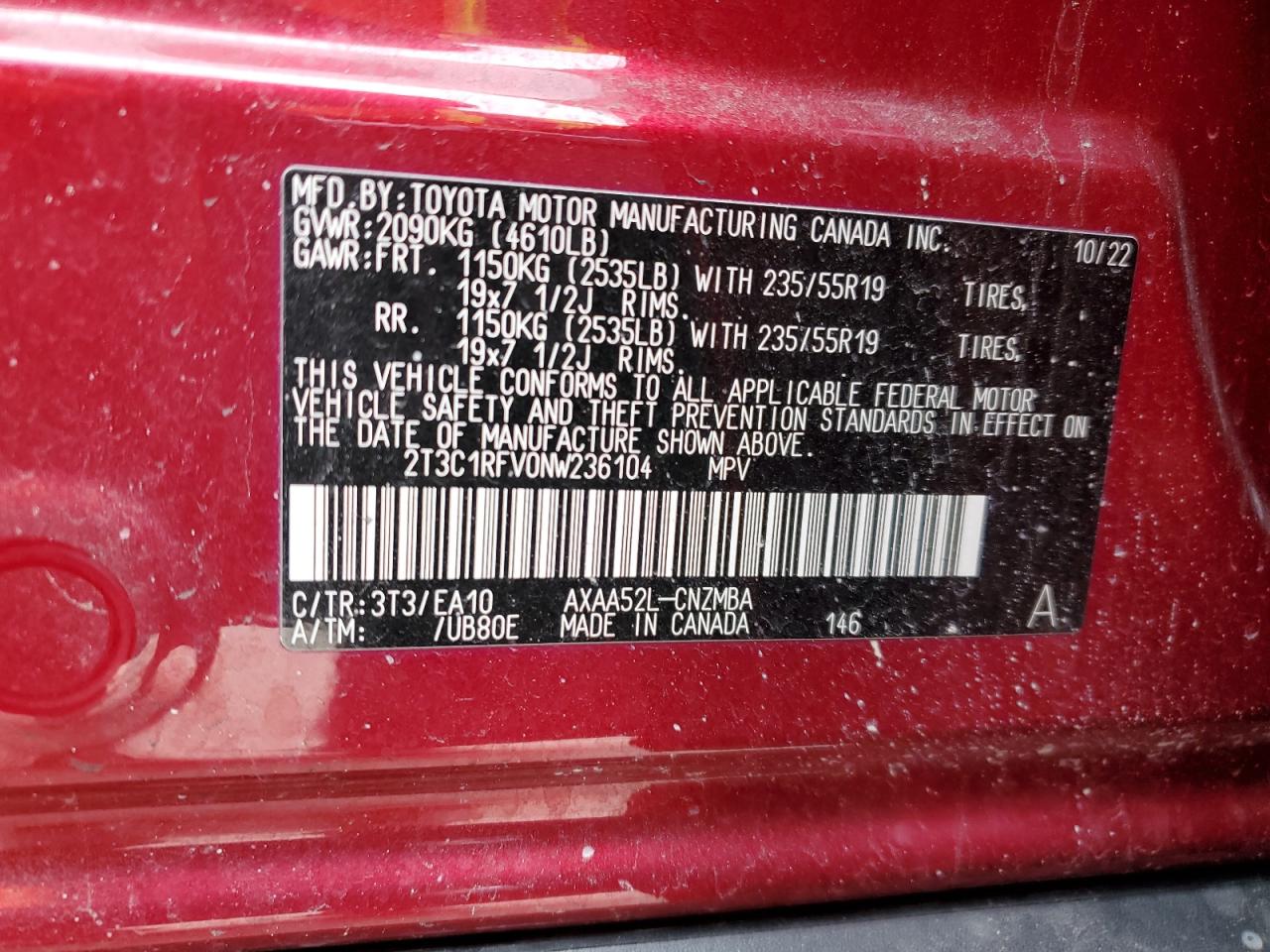 2022 TOYOTA RAV4 XLE PREMIUM VIN:2T3C1RFV0NW236104