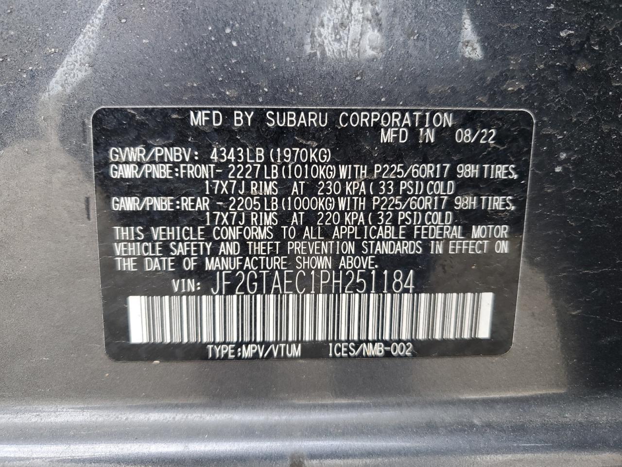 2023 SUBARU CROSSTREK PREMIUM VIN:JF2GTAEC1PH251184