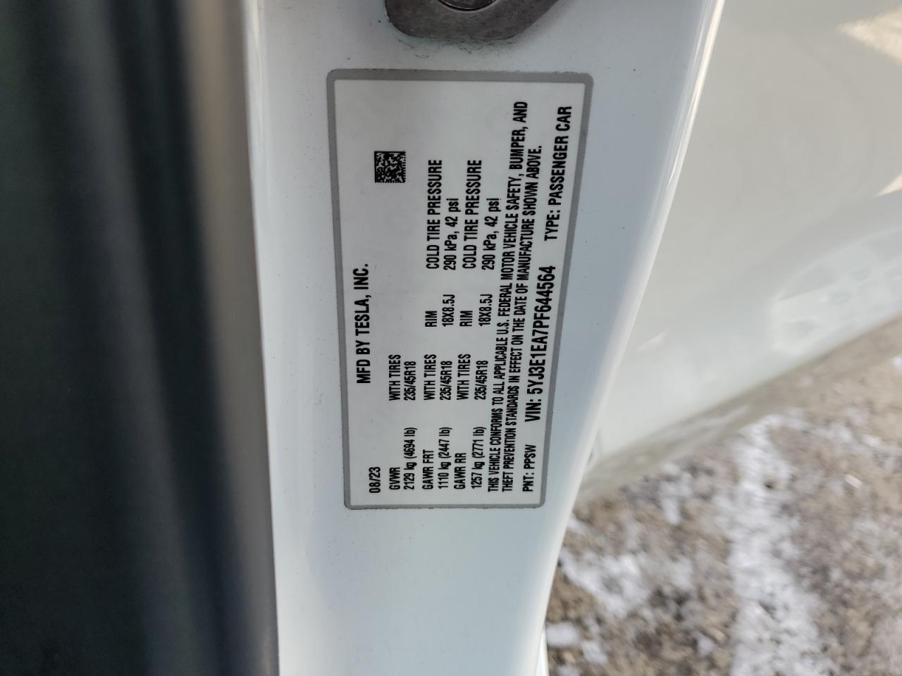 2023 TESLA MODEL 3 VIN:5YJ3E1EA7PF644564