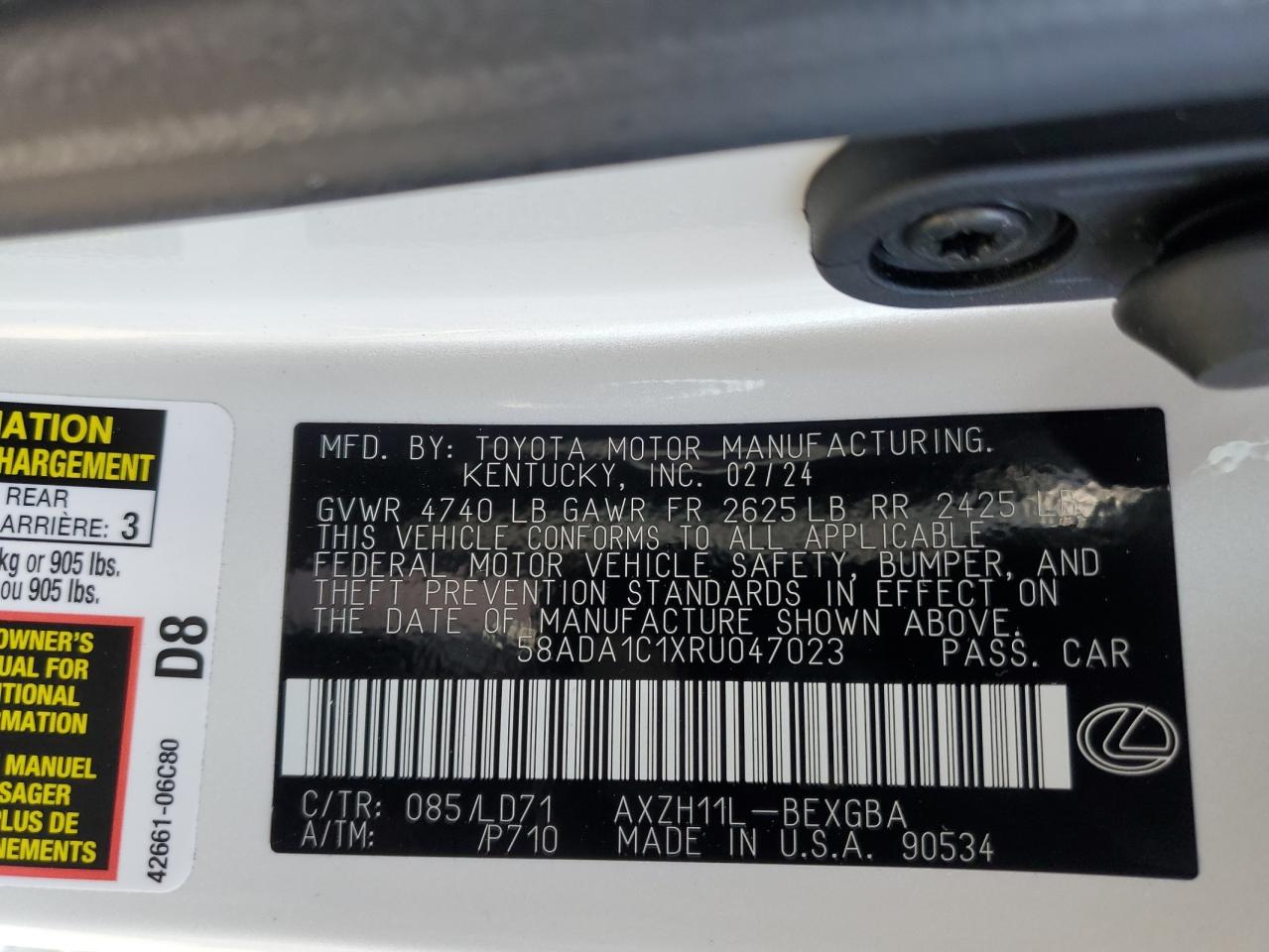 2024 LEXUS ES 300H BASE VIN:58ADA1C1XRU047023