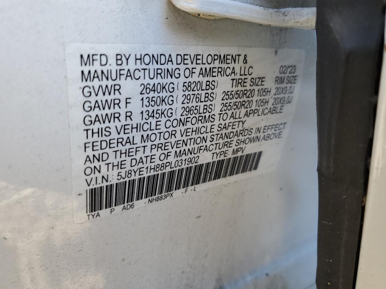 2023 ACURA MDX ADVANCE VIN:5J8YE1H88PL031902