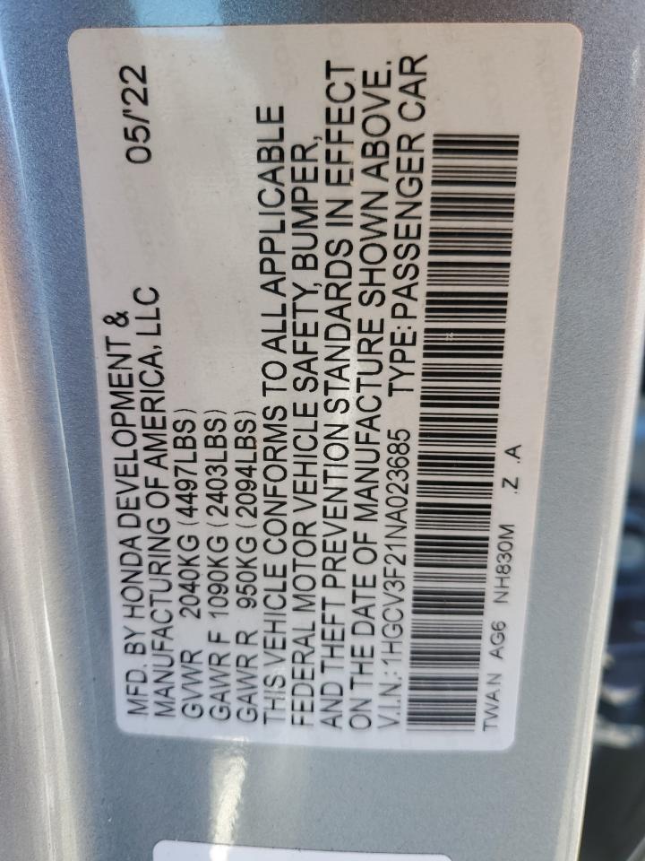 2022 HONDA ACCORD HYBRID SPORT VIN:1HGCV3F21NA023685