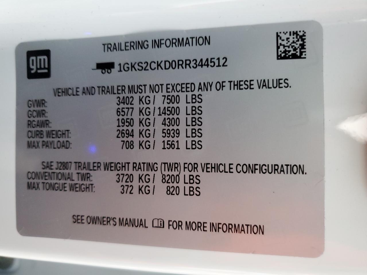 2024 GMC YUKON AT4 VIN:1GKS2CKD0RR344512