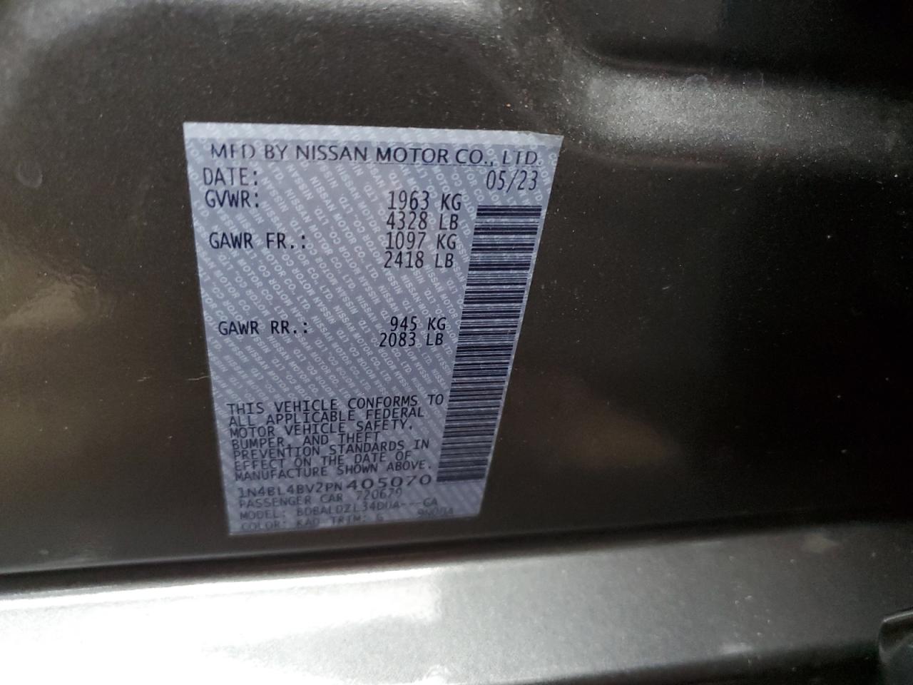 2023 NISSAN ALTIMA S VIN:1N4BL4BV2PN405070