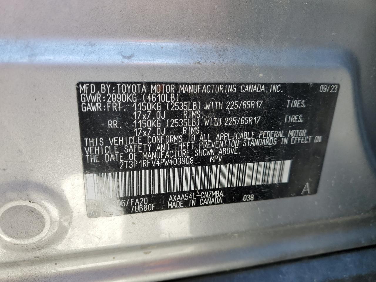 2023 TOYOTA RAV4 XLE VIN:2T3P1RFV4PW403908