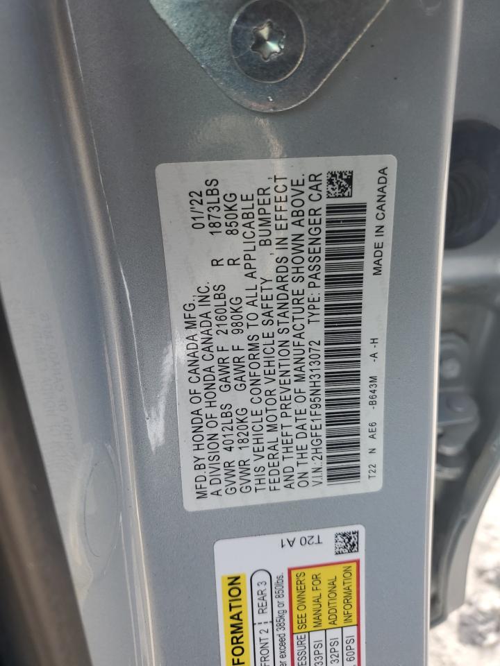 2022 HONDA CIVIC TOURING VIN:2HGFE1F95NH313072