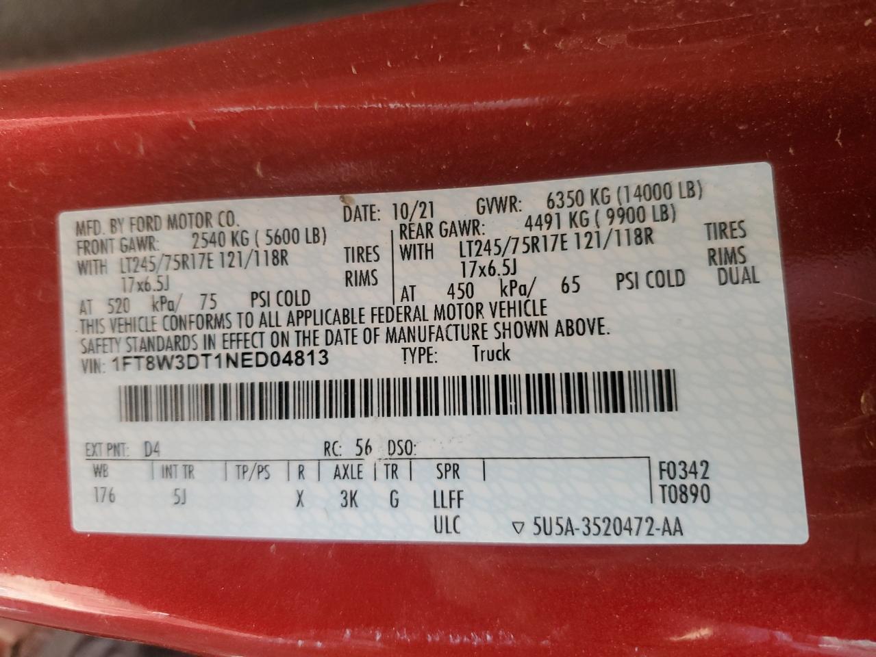 2022 FORD F350 SUPER DUTY VIN:1FT8W3DT1NED04813