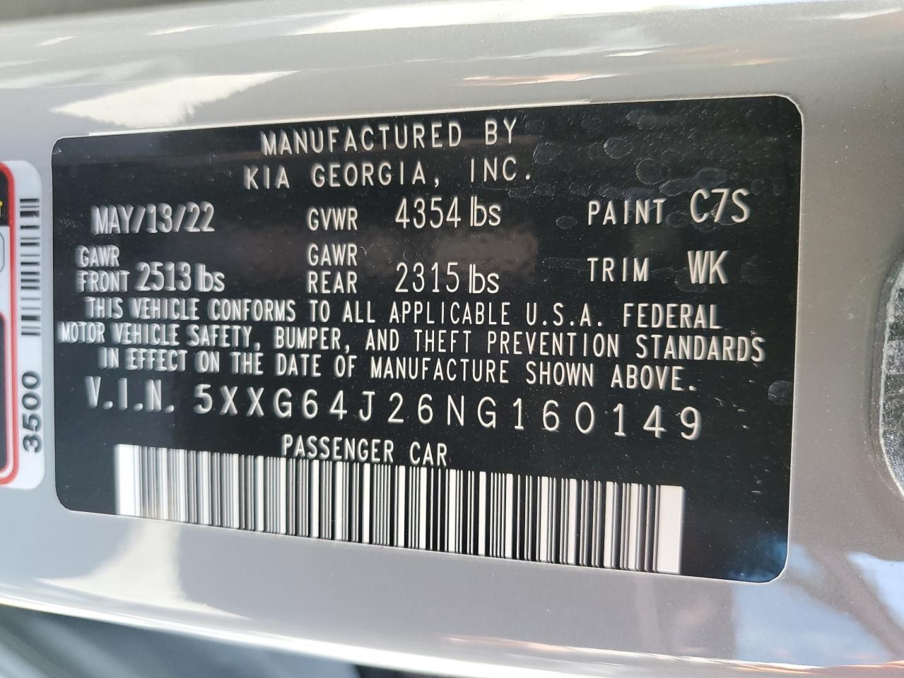 2022 KIA K5 GT LINE VIN:5XXG64J26NG160149