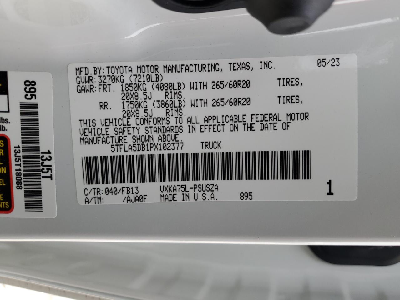 2023 TOYOTA TUNDRA CREWMAX SR VIN:5TFLA5DB1PX102377