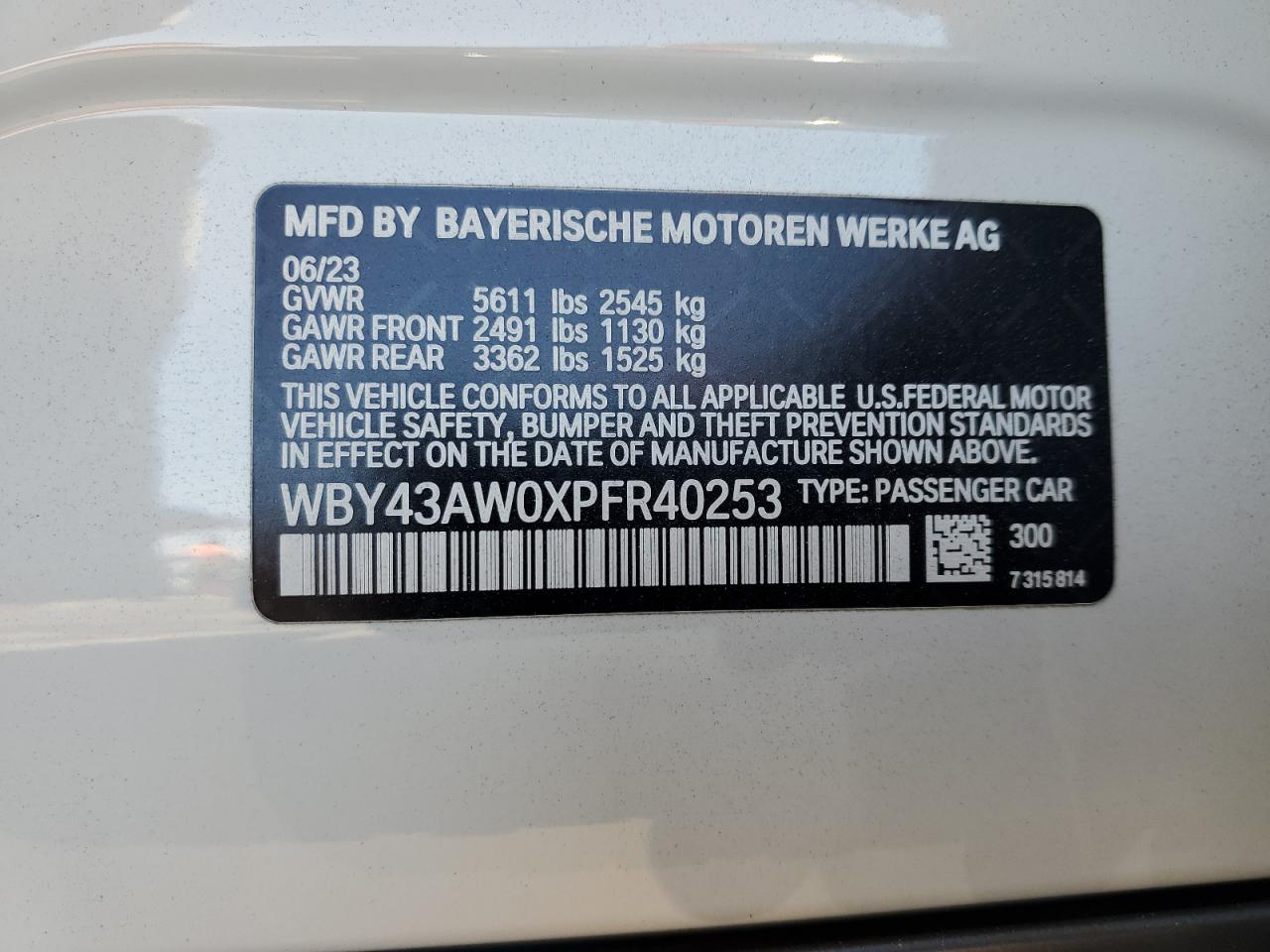 2023 BMW I4 EDRIVE 35 VIN:WBY43AW0XPFR40253