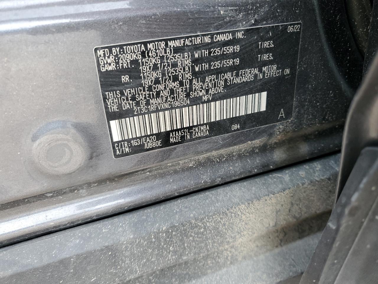 2022 TOYOTA RAV4 XLE PREMIUM VIN:2T3C1RFVXNC196504