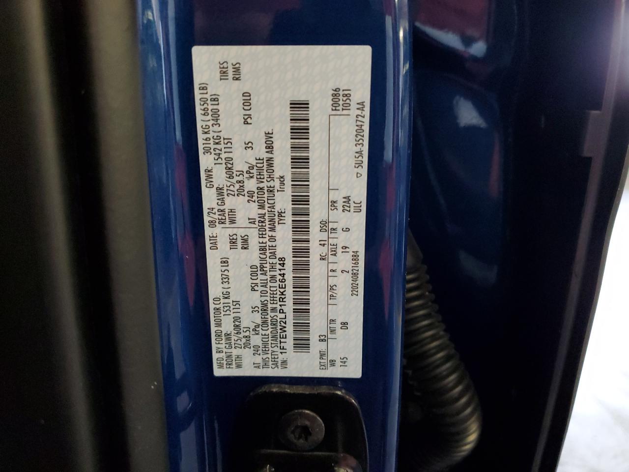 2024 FORD F150 STX VIN:1FTEW2LP1RKE64148