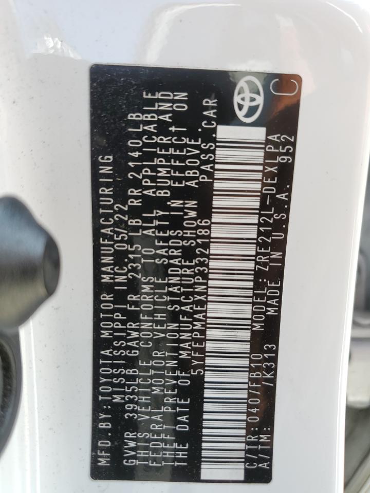 2022 TOYOTA COROLLA LE VIN:5YFEPMAEXNP332186