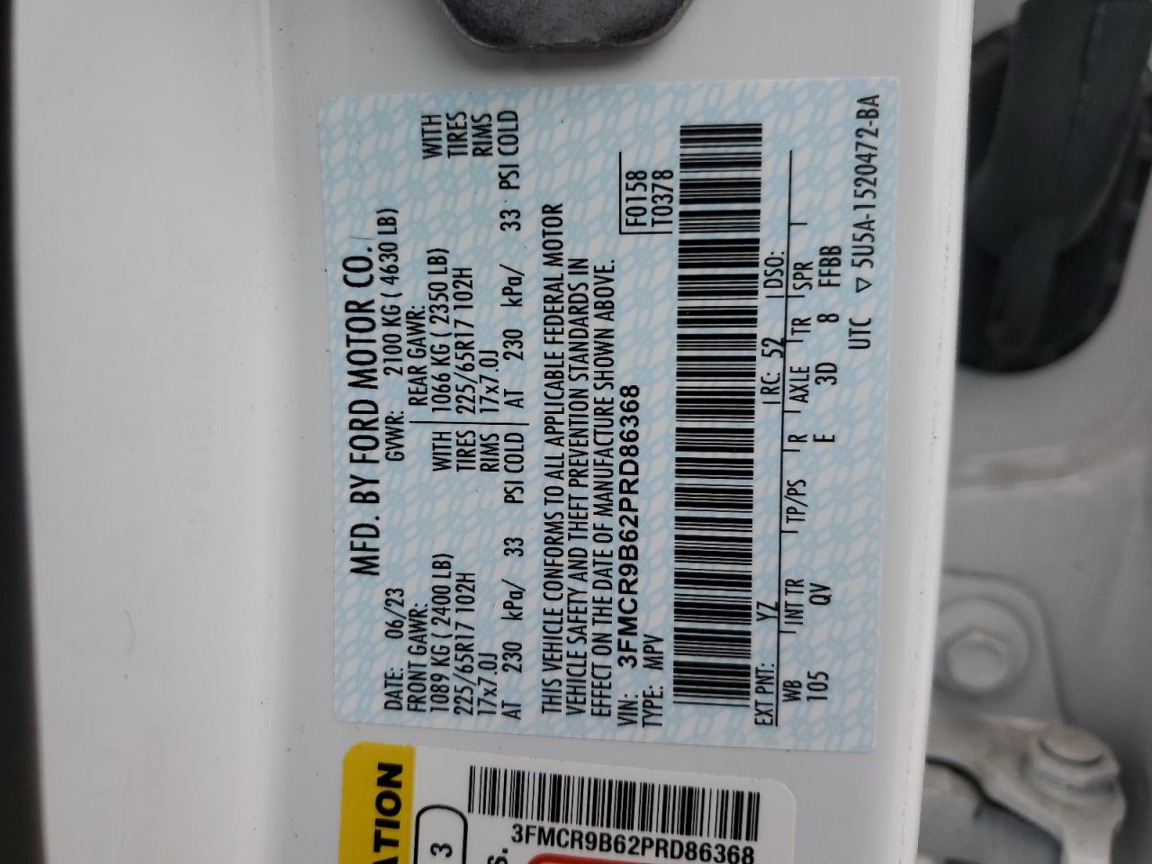 2023 FORD BRONCO SPORT BIG BEND VIN:3FMCR9B62PRD86368