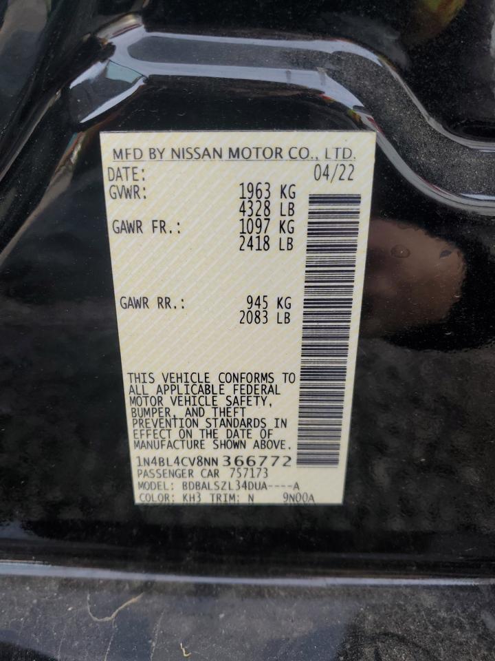 2022 NISSAN ALTIMA SR VIN:1N4BL4CV8NN366772