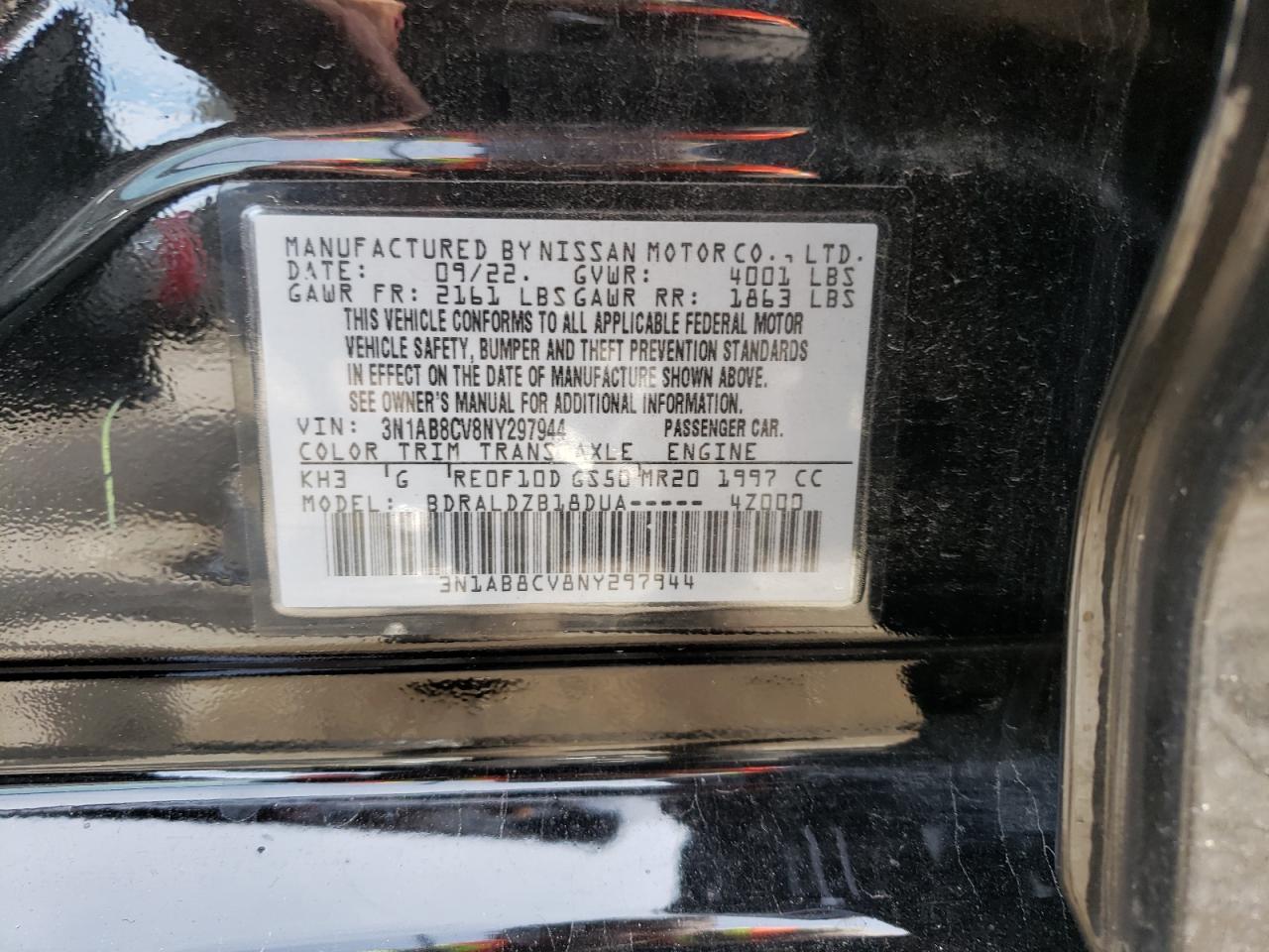 2022 NISSAN SENTRA SV VIN:3N1AB8CV8NY297944