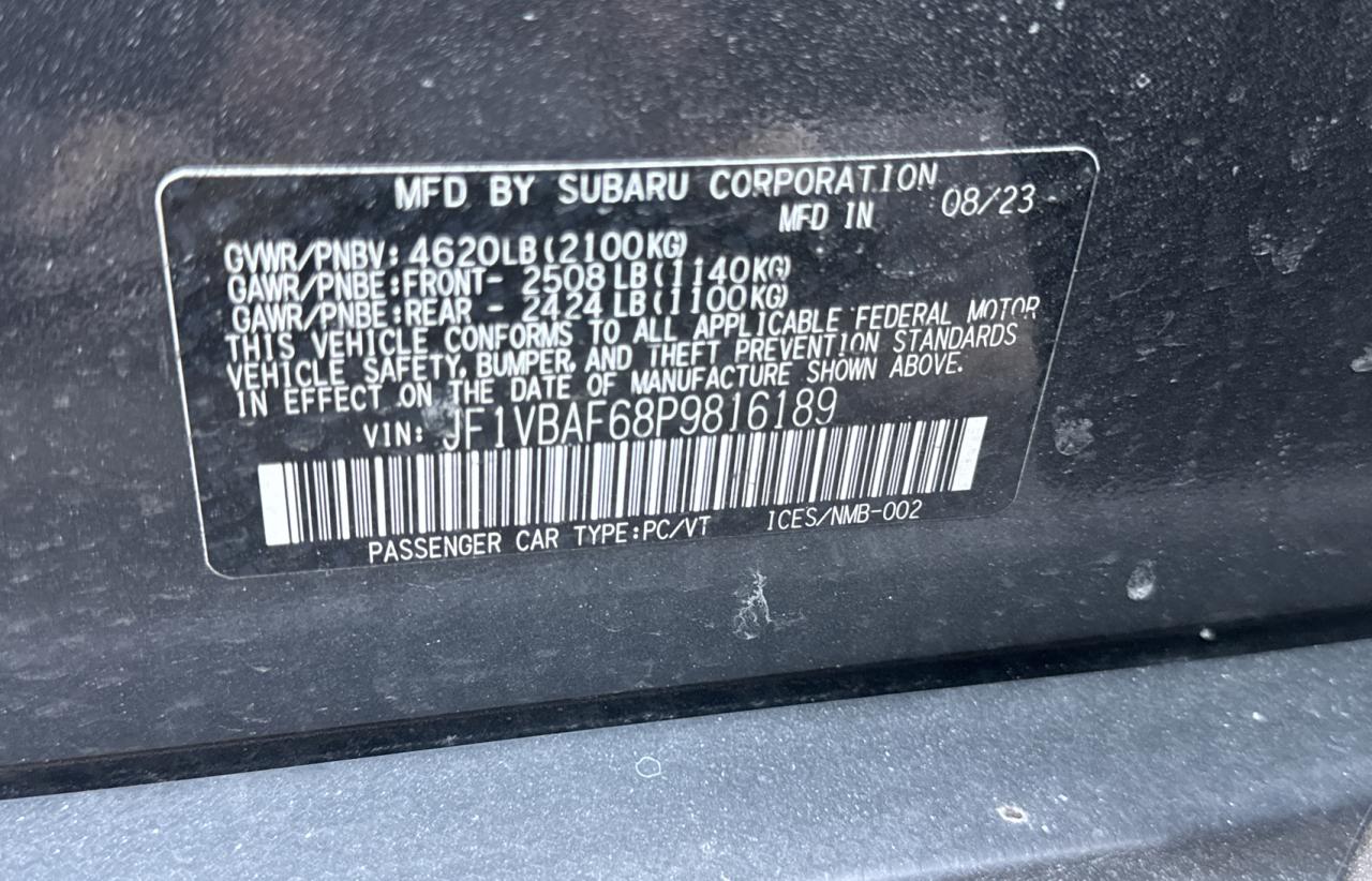 2023 SUBARU WRX PREMIUM VIN:JF1VBAF68P9816189