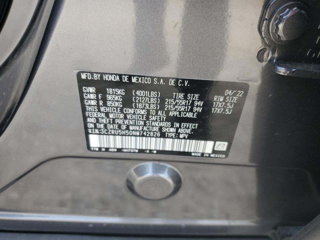 2022 HONDA HR-V EX VIN:3CZRU5H50NM742826
