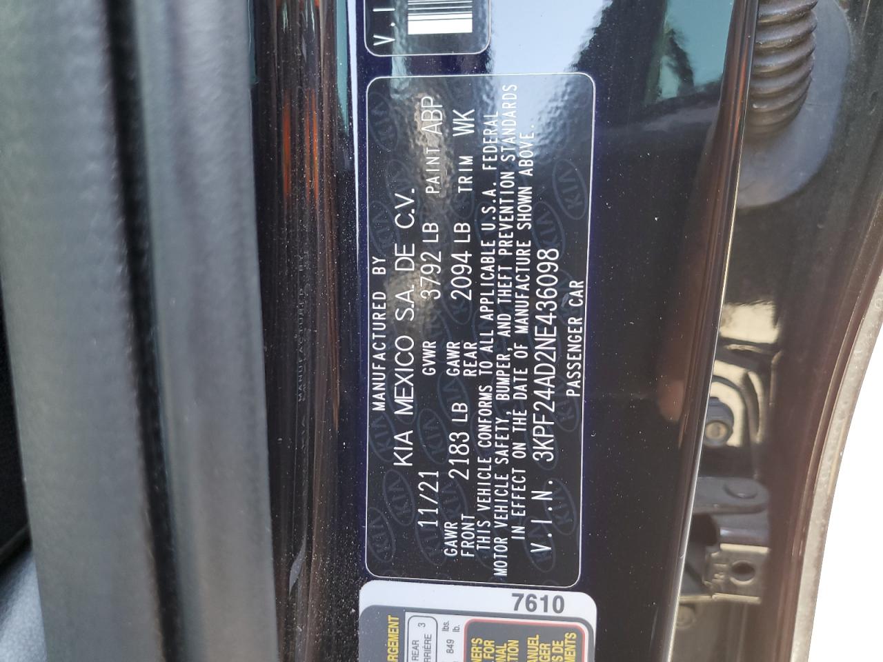 2022 KIA FORTE FE VIN:3KPF24AD2NE436098