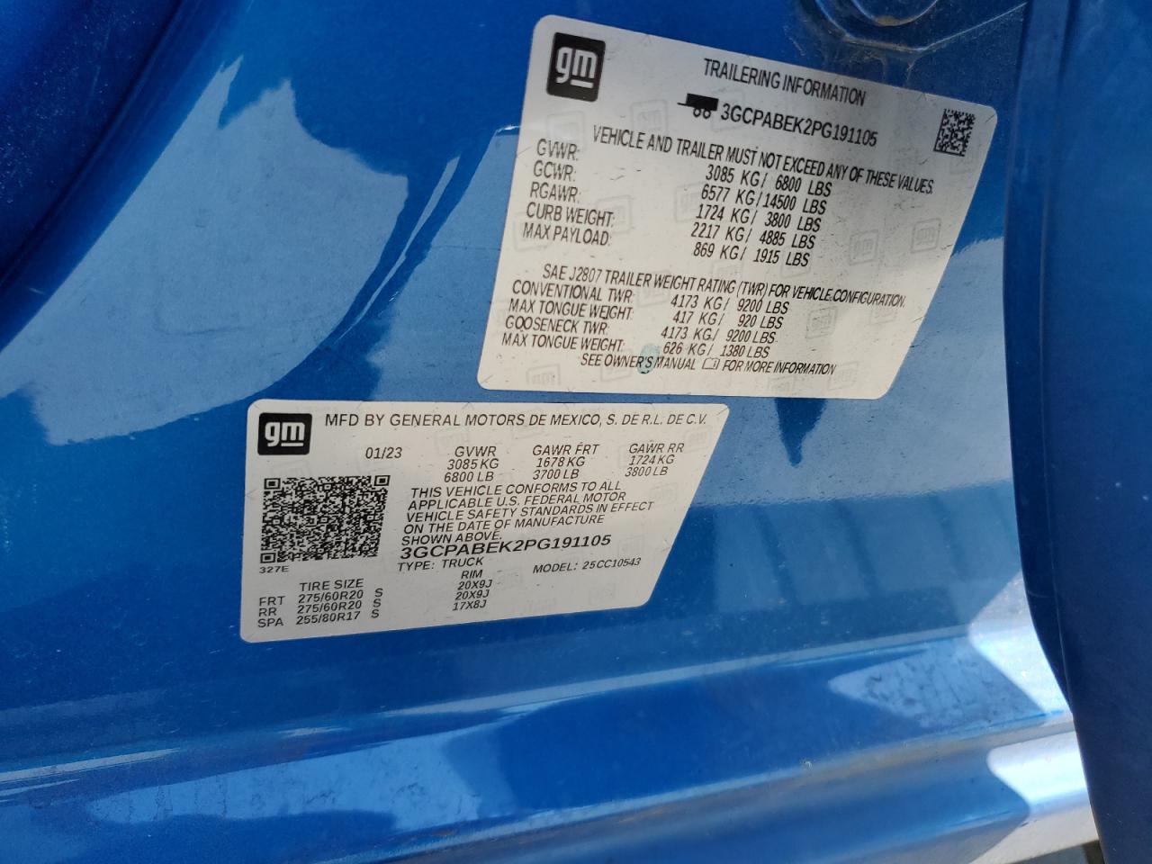 2023 CHEVROLET SILVERADO C1500 CUSTOM VIN:3GCPABEK2PG191105