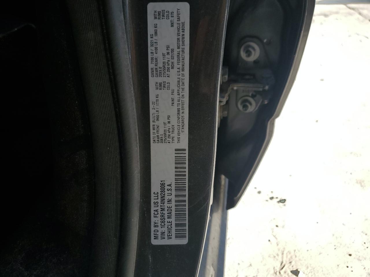2022 RAM 1500 BIG HORN/LONE STAR VIN:1C6SRFMT4NN280061