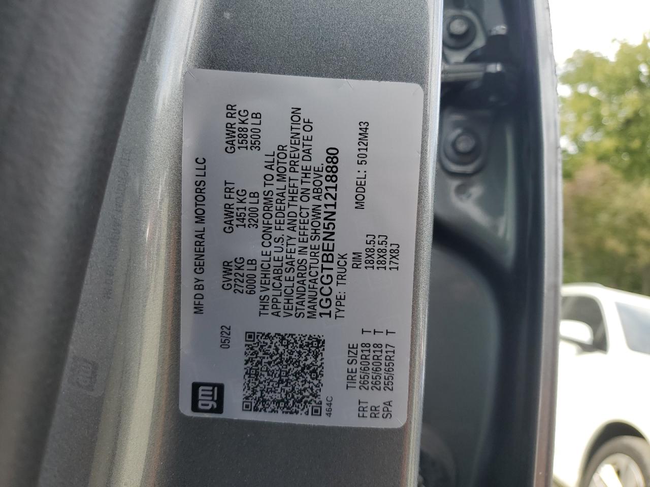 2022 CHEVROLET COLORADO  VIN:1GCGTBEN5N1218880