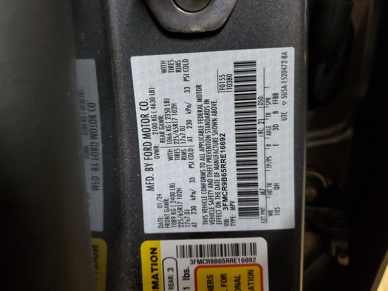 2024 FORD BRONCO SPORT BIG BEND VIN:3FMCR9B65RRE16692