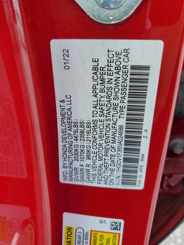 2022 HONDA ACCORD SPORT VIN:1HGCV1F35NA024688