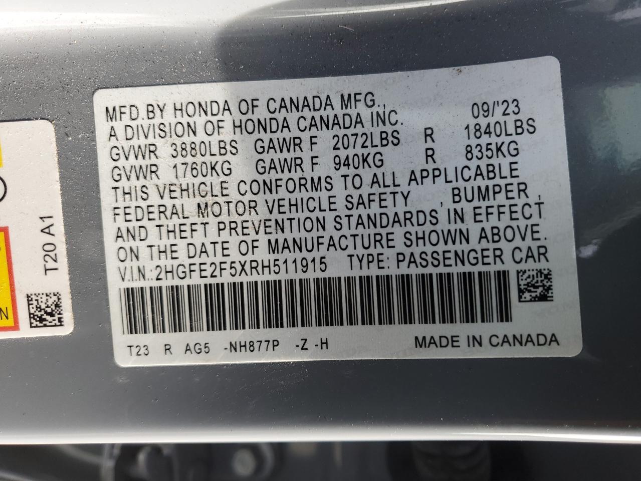 2024 HONDA CIVIC SPORT VIN:2HGFE2F5XRH511915
