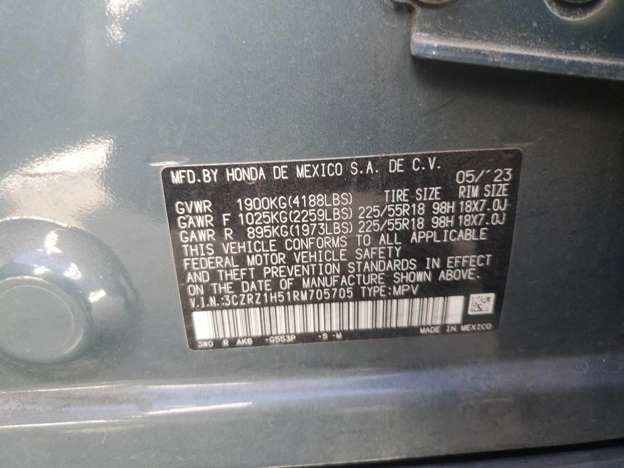 2024 HONDA HR-V SPORT VIN:3CZRZ1H51RM705705