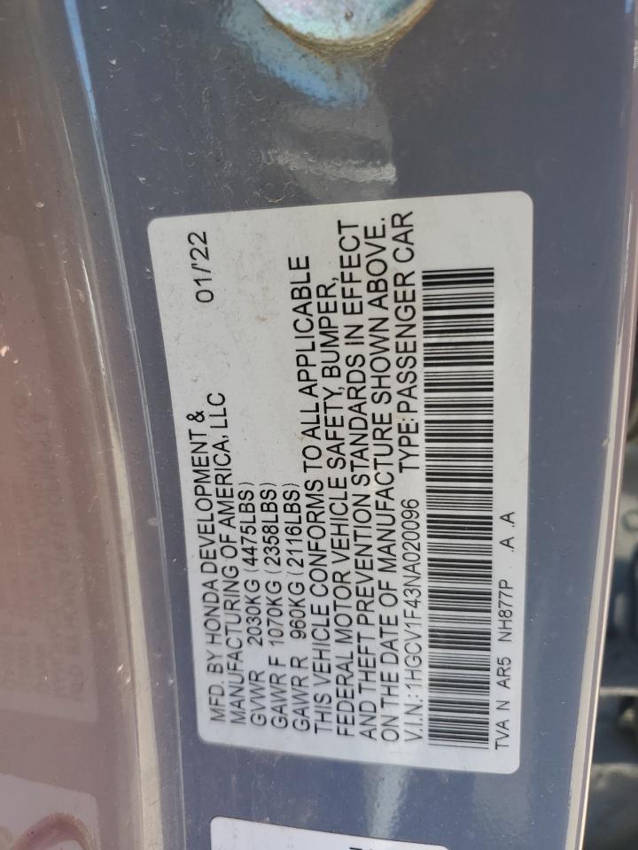 2022 HONDA ACCORD SPORT SE VIN:1HGCV1F43NA020096