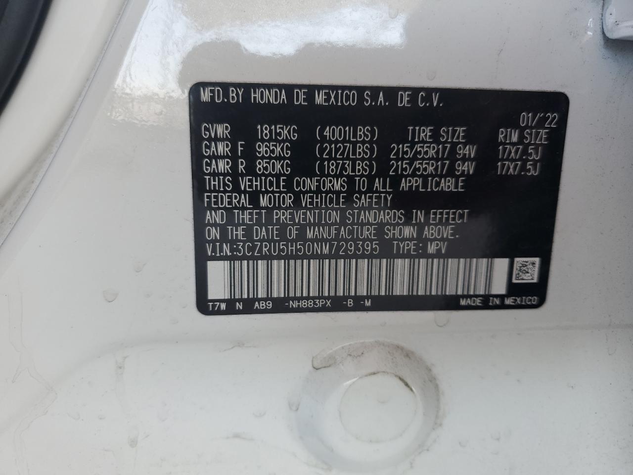 2022 HONDA HR-V EX VIN:3CZRU5H50NM729395