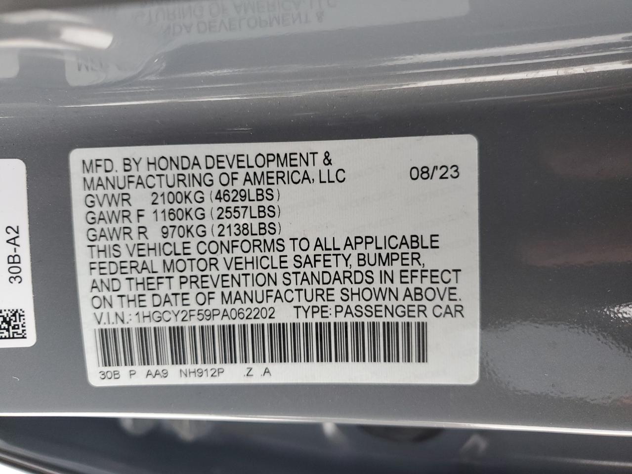 2023 HONDA ACCORD HYBRID SPORT VIN:1HGCY2F59PA062202