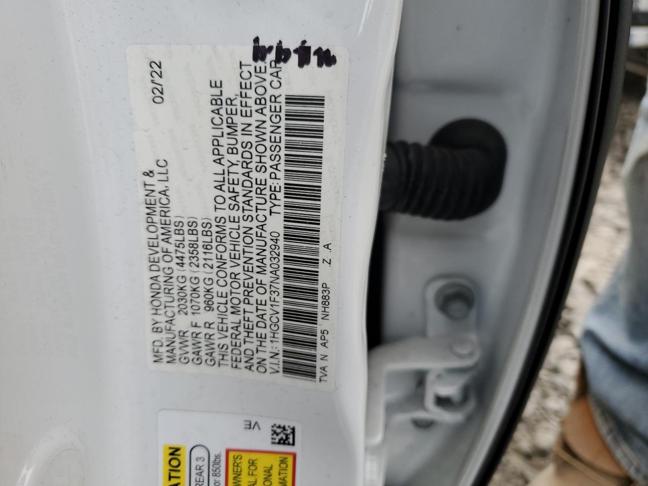 2022 HONDA ACCORD SPORT VIN:1HGCV1F37NA032940