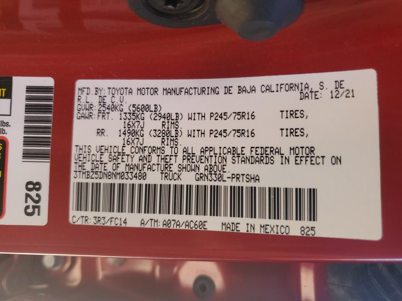 2022 TOYOTA TACOMA DOUBLE CAB VIN:3TMBZ5DN8NM033480