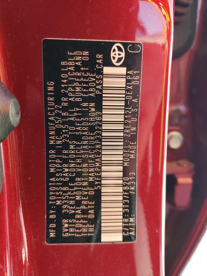 2022 TOYOTA COROLLA LE VIN:5YFEPMAE2NP332263